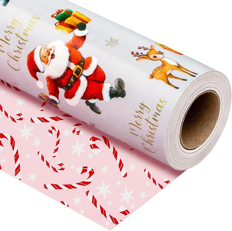 MAYPLUSS Reversible Christmas Wrapping Paper, Santa Wrapping Paper, Vintage Santa Claus with Cute Reindeer Themed Christmas Gift Wrap for Gift Packaging, Festive Decoration (17 Inch X 33 Feet) - Image 1